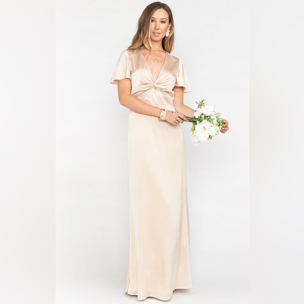 Show Me Your Mumu Rome Twist Gown in Champagne Luxe Satin